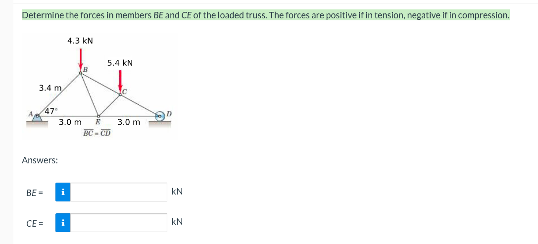 Pls Answer Determine The Forces In Members Be And Ce Of The Loaded Truss The Forces Are Positive If In Tension Negati 1