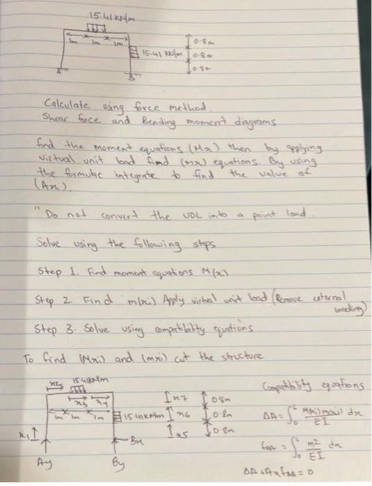 15 41 Km M 10 8m Im 15 41 Km 1080 194 Calculate Using Force Method Shear Face And Bending Moment Diagrams Find The Mome 1