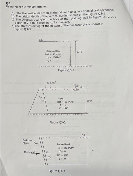 Q3 Using Mohr S Circle Determine A The Theoretical Direction Of The Failure Planes In A Triaxial Test Specimen B 1