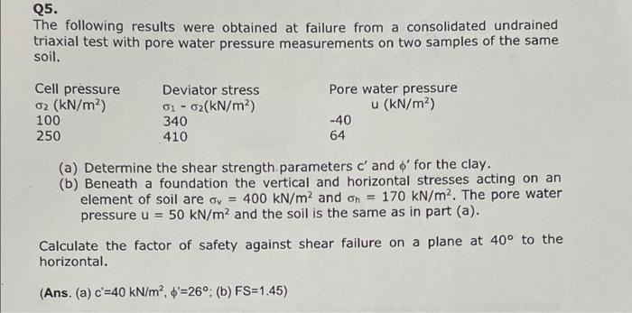 Q5 The Following Results Were Obtained At Failure From A Consolidated Undrained Triaxial Test With Pore Water Pressure 1