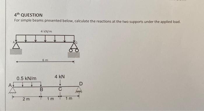 A 4th Question For Simple Beams Presented Below Calculate The Reactions At The Two Supports Under The Applied Load 4 K 1