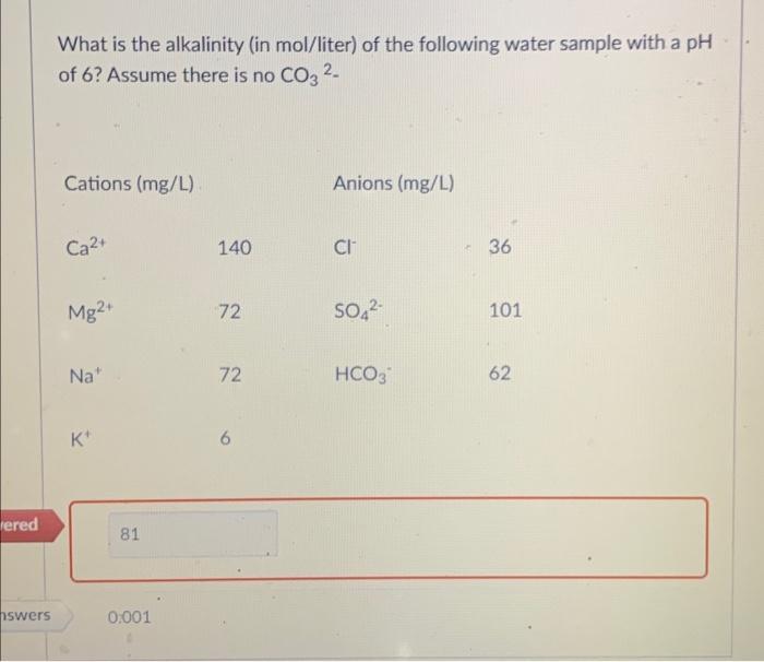 Ered Nswers What Is The Alkalinity In Mol Liter Of The Following Water Sample With A Ph Of 6 Assume There Is No Co3 1