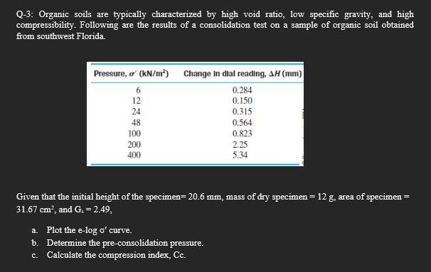 Q 3 Organic Soils Are Typically Characterized By High Void Ratio Low Specific Gravity And High Compressibility Follo 1