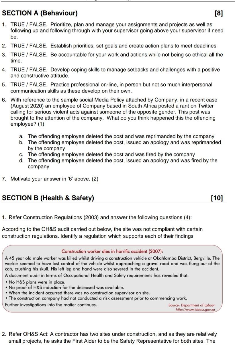 Section A Behaviour 8 1 True False Prioritize Plan And Manage Your Assignments And Projects As Well As Followin 1