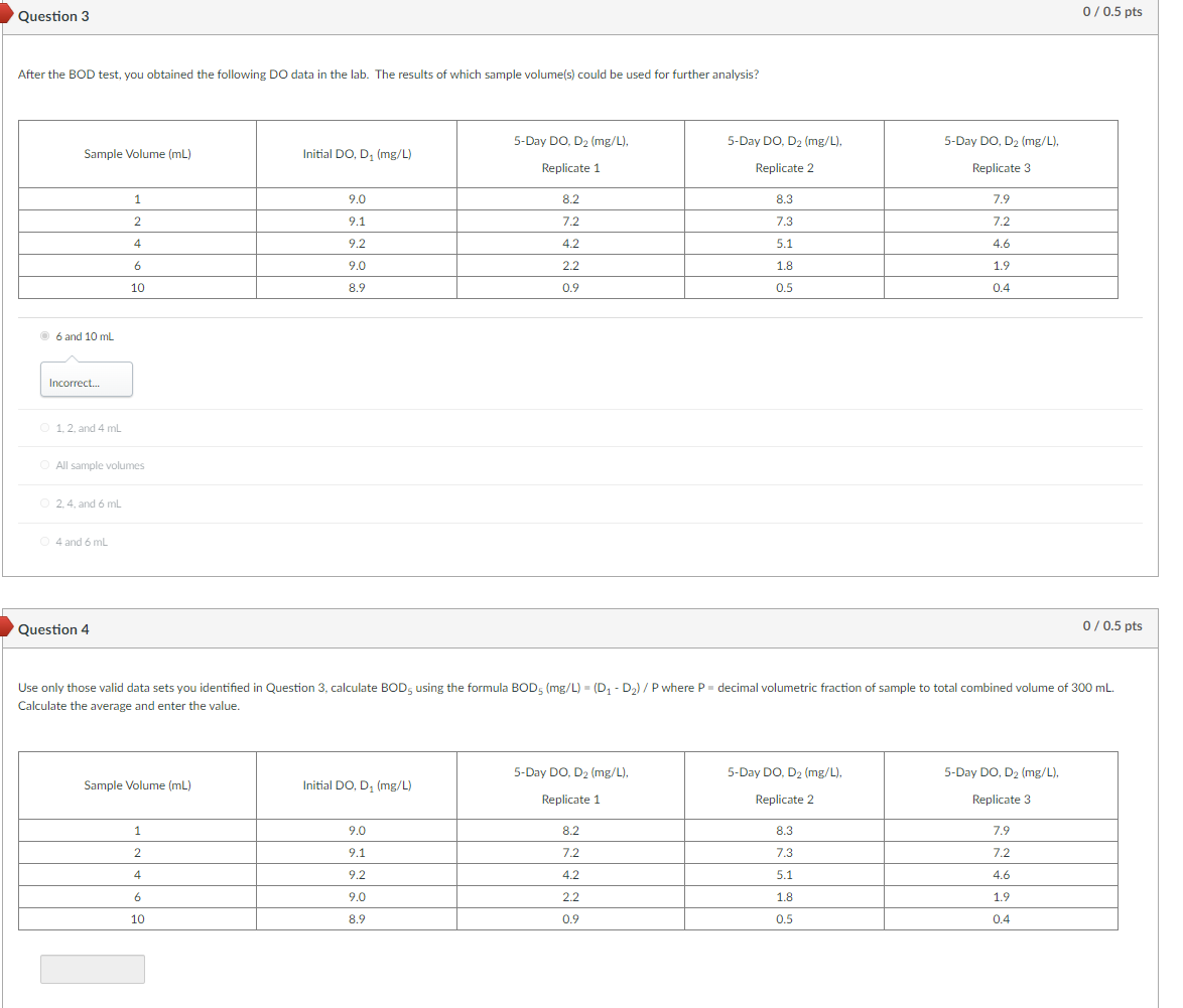 3 After The Bod Test You Obtained The Following Do Data In The Lab The Results Of Which Sample Volume S Could Be Us 1