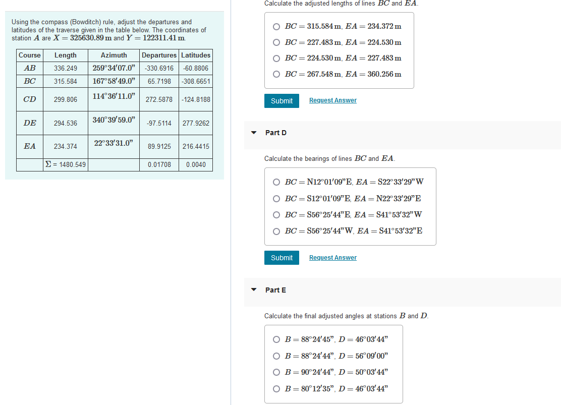 Calculate Bearings And Ajusted Lengths Of Bc And Ea As Well The Final Adjusted Angle At Station B And D 1