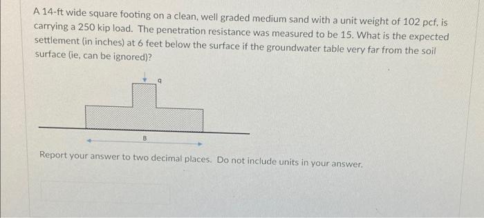 A 14 Ft Wide Square Footing On A Clean Well Graded Medium Sand With A Unit Weight Of 102 Pcf Is Carrying A 250 Kip Loa 1