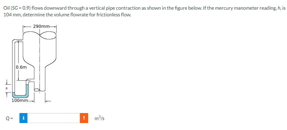 Oil Sg 0 9 Flows Downward Through A Vertical Pipe Contraction As Shown In The Figure Below If The Mercury Manometer 1