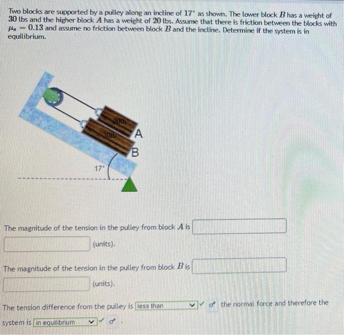 Two Blocks Are Supported By A Pulley Along An Incline Of 17 As Shown The Lower Block B Has A Weight Of 30 Lbs And The 1