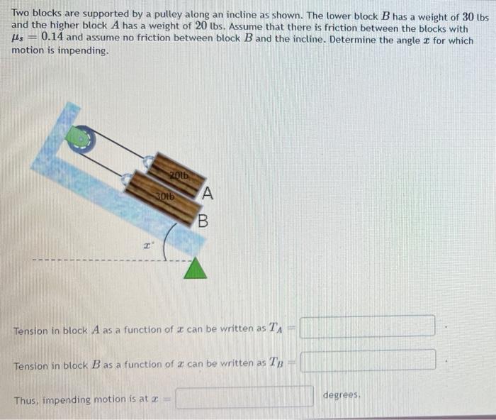 Two Blocks Are Supported By A Pulley Along An Incline As Shown The Lower Block B Has A Weight Of 30 Lbs And The Higher 1