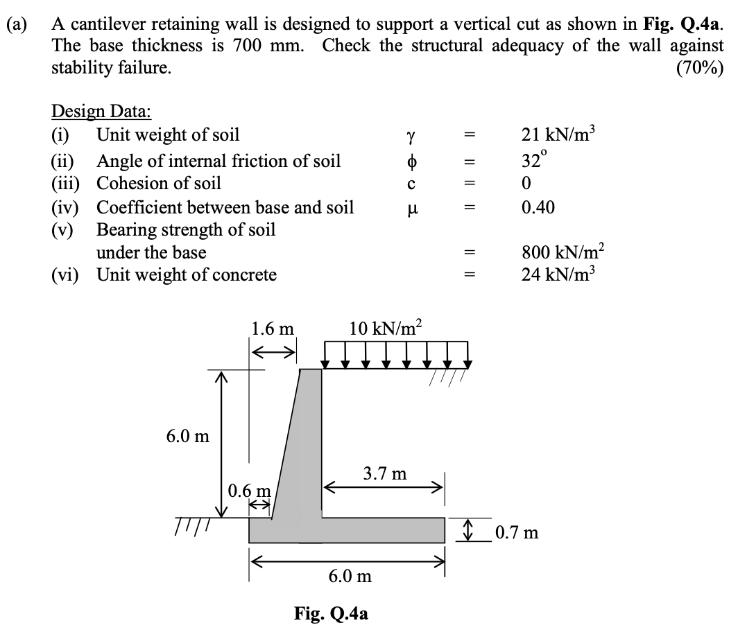 A A Cantilever Retaining Wall Is Designed To Support A Vertical Cut As Shown In Fig Q 4a The Base Thickness Is 700 M 1
