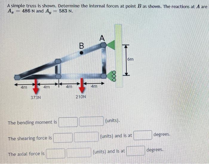 A Simple Truss Is Shown Determine The Internal Forces At Point B As Shown The Reactions At A Are A 486 N And A 583 1