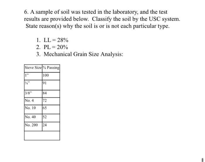 6 A Sample Of Soil Was Tested In The Laboratory And The Test Results Are Provided Below Classify The Soil By The Usc 1
