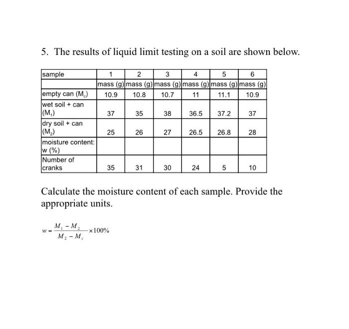5 The Results Of Liquid Limit Testing On A Soil Are Shown Below Sample 1 2 3 4 5 6 Mass G Mass G Mass G Mass G 1
