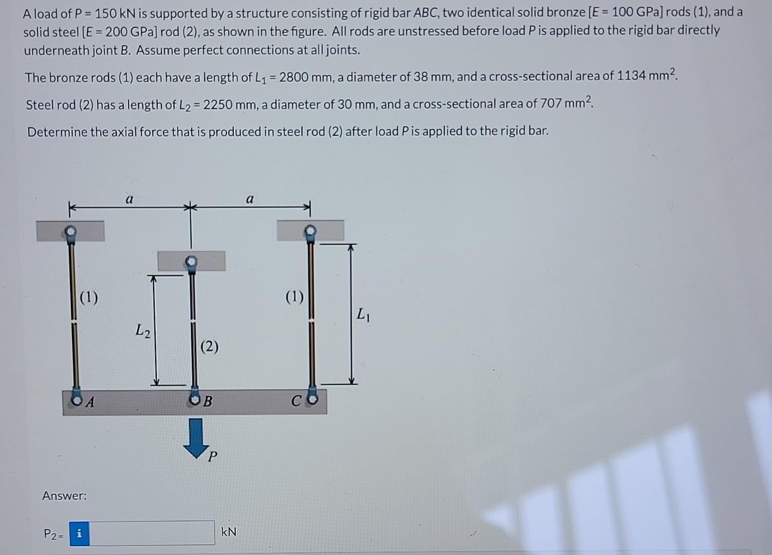A Load Of P 150 Kn Is Supported By A Structure Consisting Of Rigid Bar Abc Two Identical Solid Bronze E 100 Gpa R 1