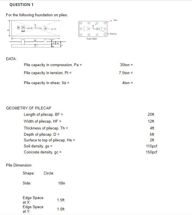 For The Following Foundation On Piles Vy Combine Dl Ll What Is The Total Weight Of The Pilecap Soil Pedestals 1