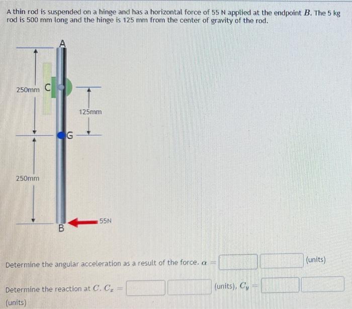 A Thin Rod Is Suspended On A Hinge And Has A Horizontal Force Of 55 N Applied At The Endpoint B The 5 Kg Rod Is 500 Mm 1