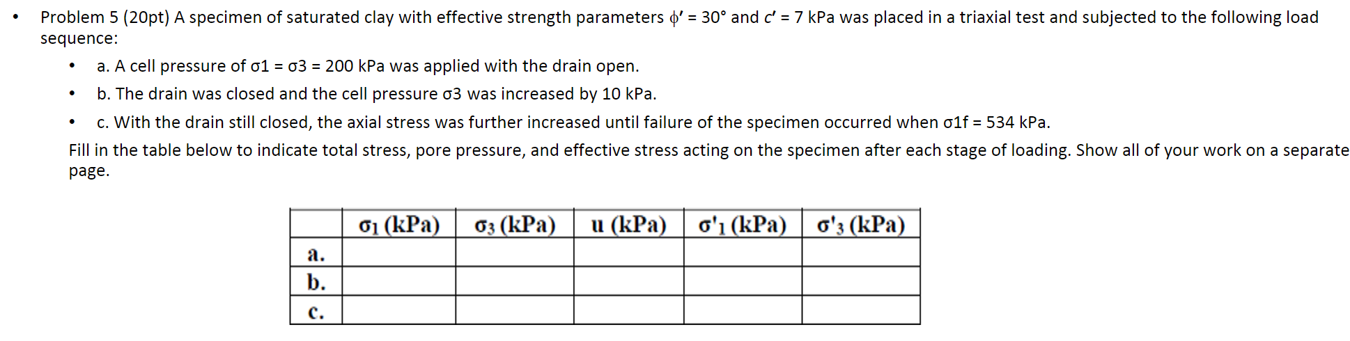 Problem 5 20pt A Specimen Of Saturated Clay With Effective Strength Parameters O 30 And C 7 Kpa Was Placed In A 1