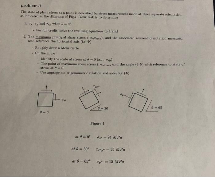 Problem 1 The State Of Plane Stress At A Point Is Described By Stress Measurement Made At Three Separate Orientation As 1