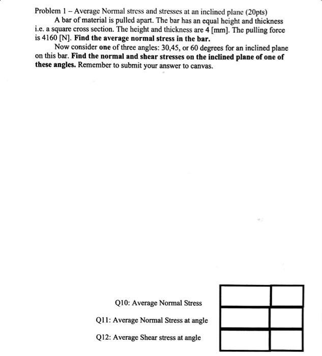 Problem 1 Average Normal Stress And Stresses At An Inclined Plane 20pts A Bar Of Material Is Pulled Apart The Bar Ha 1