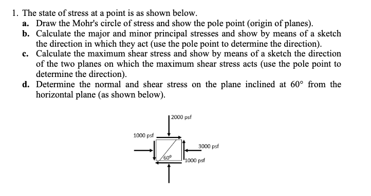 1 The State Of Stress At A Point Is As Shown Below A Draw The Mohr S Circle Of Stress And Show The Pole Point Origin 1