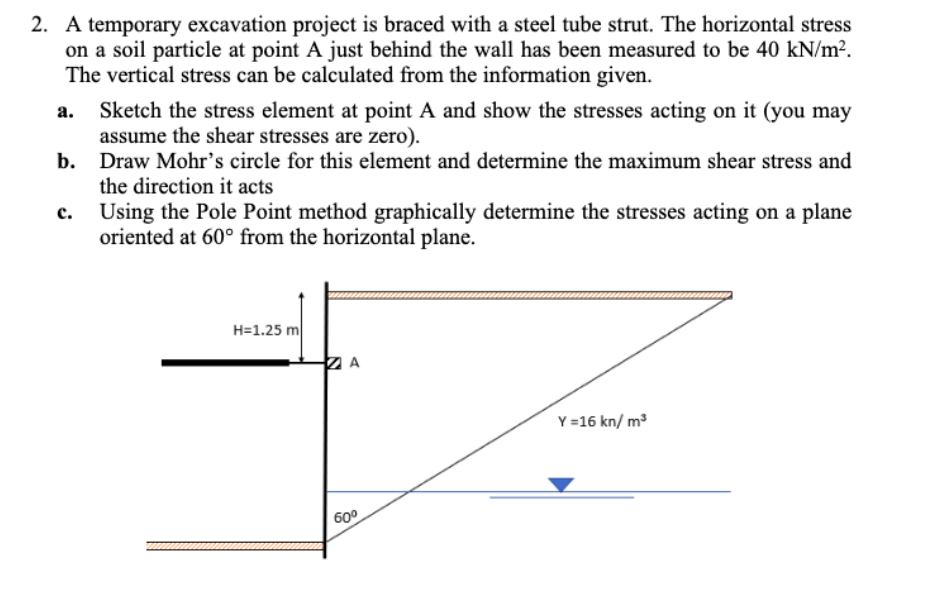 2 A Temporary Excavation Project Is Braced With A Steel Tube Strut The Horizontal Stress On A Soil Particle At Point A 1