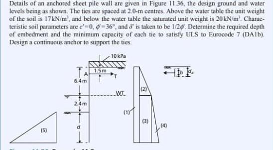 Details Of An Anchored Sheet Pile Wall Are Given In Figure 11 36 The Design Ground And Water Levels Being As Shown The 1