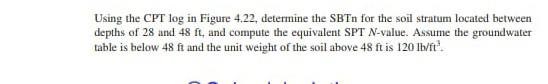 Using The Cpt Log In Figure 4 22 Determine The Sbtn For The Soil Stratum Located Between Depths Of 28 And 48 Ft And Co 1