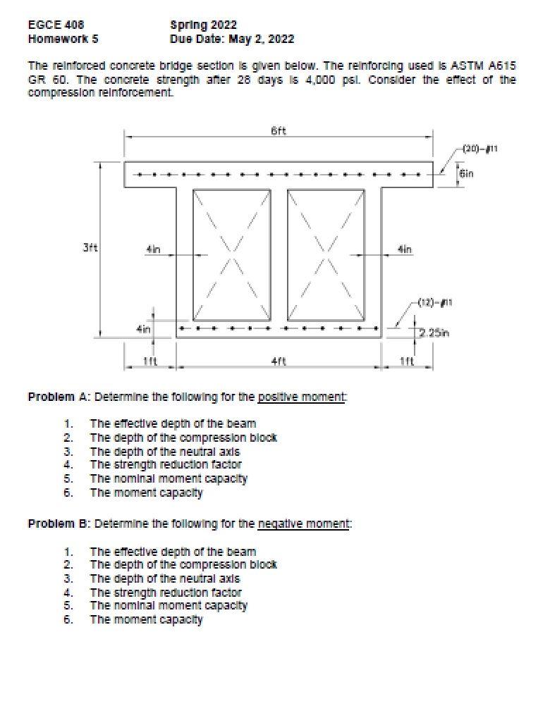 Spring 2022 Egce 408 Homework 5 Due Date May 2 2022 The Reinforced Concrete Bridge Section Is Given Below The Reinfor 1