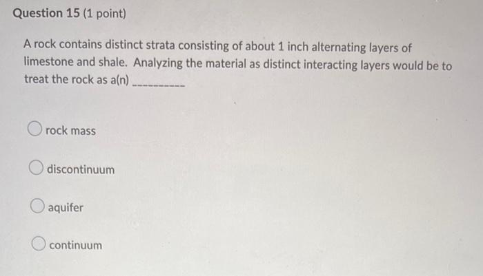 Question 15 1 Point A Rock Contains Distinct Strata Consisting Of About 1 Inch Alternating Layers Of Limestone And Sha 1