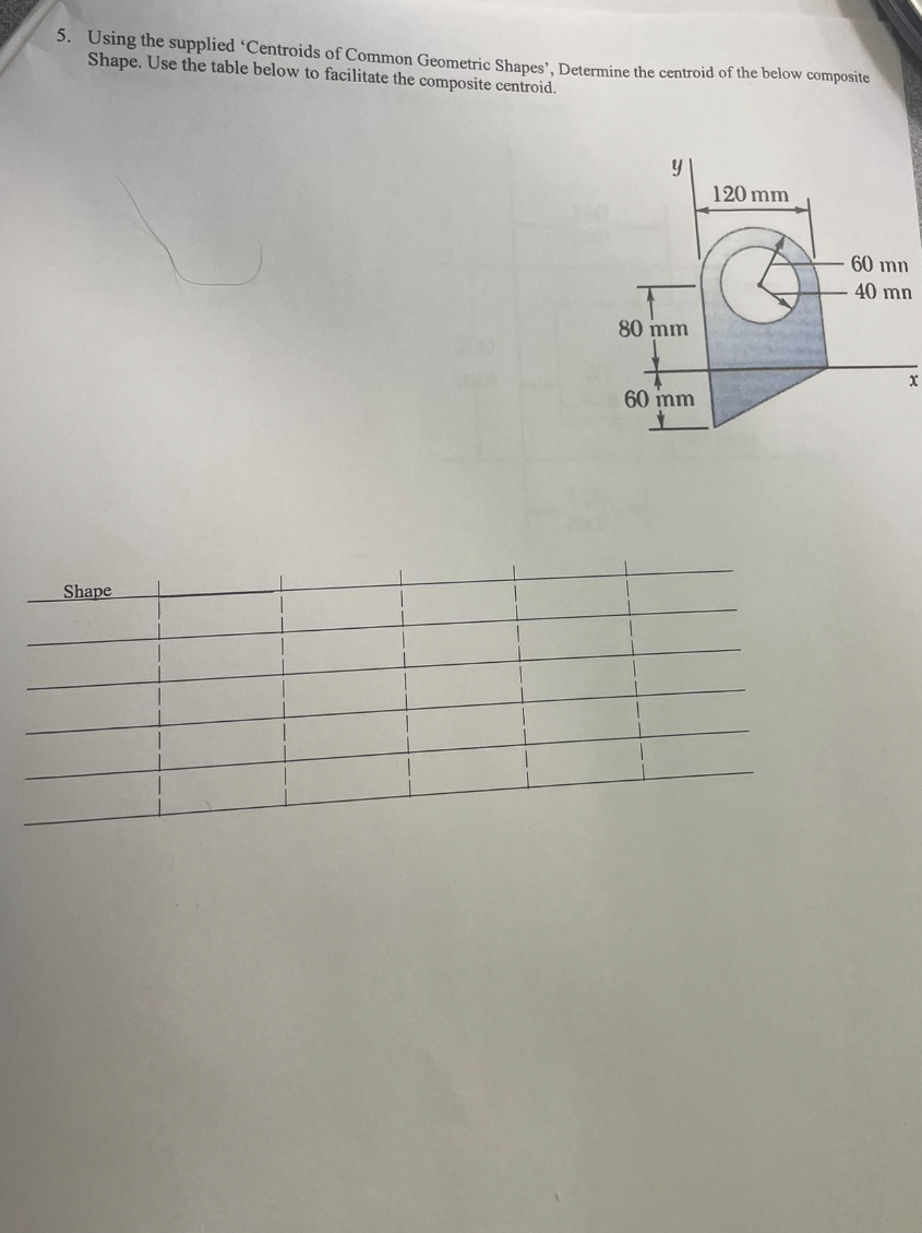 5 Using The Supplied Centroids Of Common Geometric Shapes Determine The Centroid Of The Below Composite Shape Use T 1