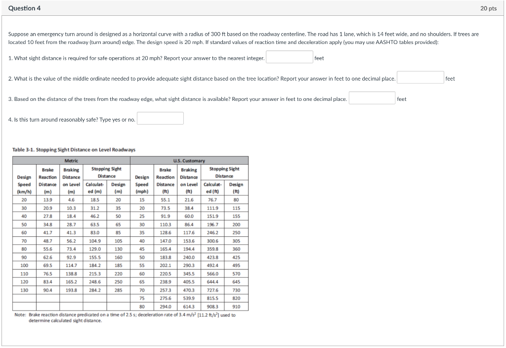 Question 4 20 Pts Suppose An Emergency Turn Around Is Designed As A Horizontal Curve With A Radius Of 300 Ft Based On Th 1