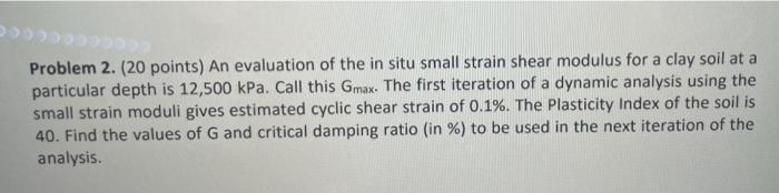 Problem 2 20 Points An Evaluation Of The In Situ Small Strain Shear Modulus For A Clay Soil At A Particular Depth Is 1