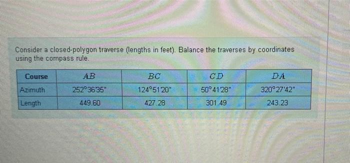 Consider A Closed Palygen Traverse Engths In Het Dance The Traverses By Coordinates Uting The Compan Course Ab Cd Bc 12 4
