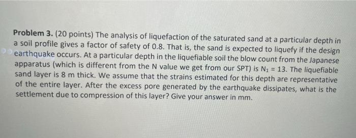 Problem 3 20 Points The Analysis Of Liquefaction Of The Saturated Sand At A Particular Depth In A Soil Profile Gives 1