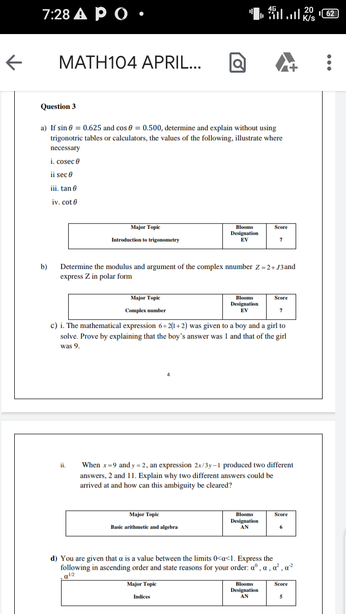13 12 Math104 April Question 3 A If Sin 0 625 And Cos 0 0 500 Determine And Explain Without Using Trigonotr 1