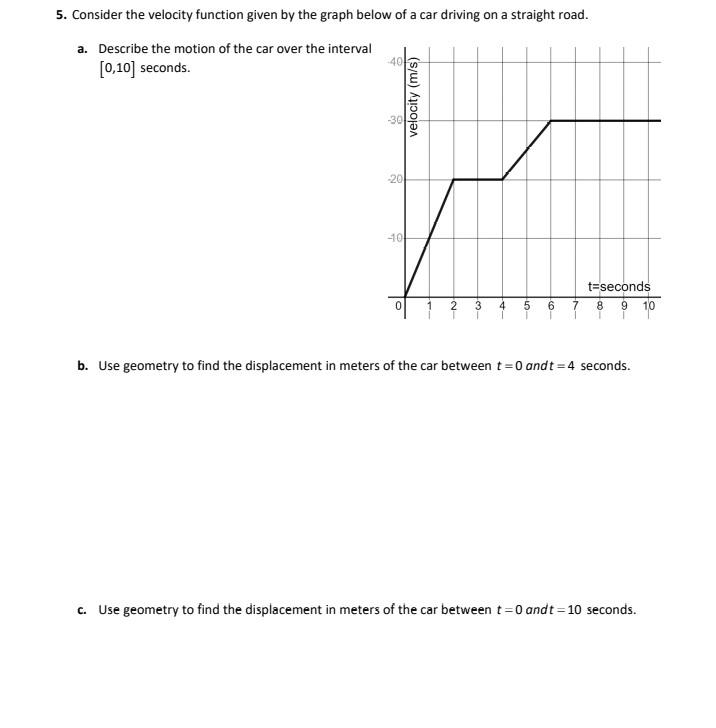 5 Consider The Velocity Function Given By The Graph Below Of A Car Driving On A Straight Road A Describe The Motion O 1