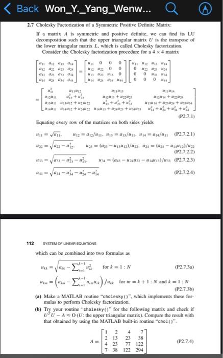 Back Won Y Yang Wenw 2 7 Cholesky Factorization Of A Symmetric Positive Definite Matrix If A Matrix A Is Symmetric 1