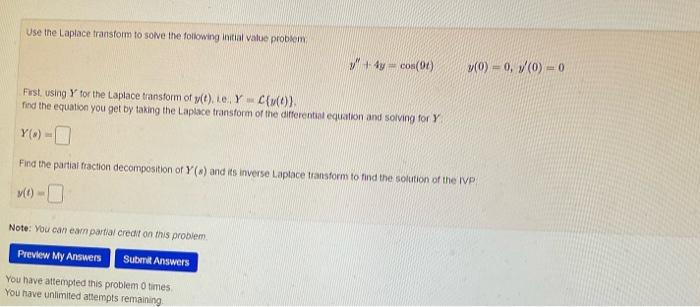 Use The Laplace Transform To Solve The Following Initial Value Problem 4y Cos 9t First Using Y For The Laplace Tran 1