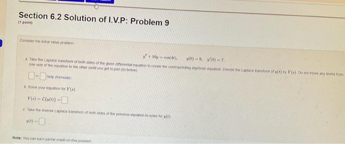 Section 6 2 Solution Of I V P Problem 9 1 Point Consider The Initial Value Problem 16y Con 41 0 0 0 7 A Take 1