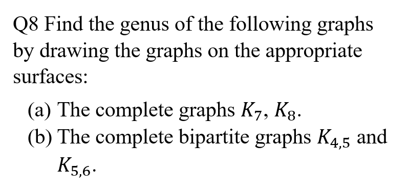 Q8 Find The Genus Of The Following Graphs By Drawing The Graphs On The Appropriate Surfaces A The Complete Graphs K7 1