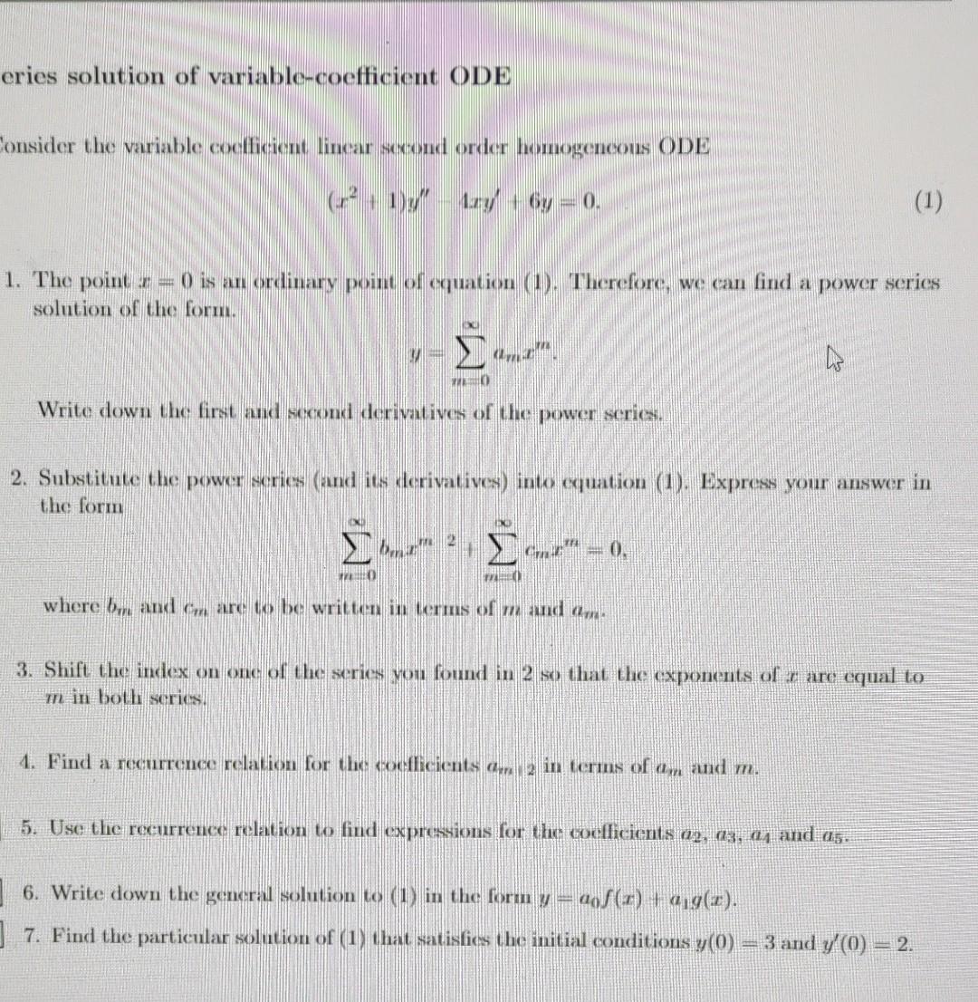 Eries Solution Of Variable Coefficient Ode Consider The Variable Coefficient Linear Second Order Homogeneous Ode R 1 1