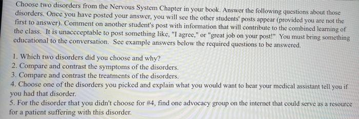 Choose Two Disorders From The Nervous System Chapter In Your Book Answer The Following Questions About Those Disorders 1