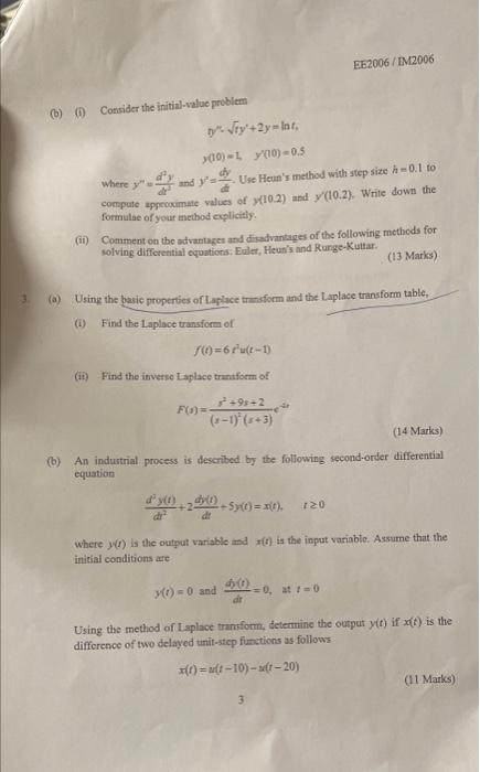 Ee2006 Im2006 B 1 Consider The Initial Value Problem Ty Ty 2y Int 10 L 10 0 5 Where Y A And Y A Use Heun S M 2