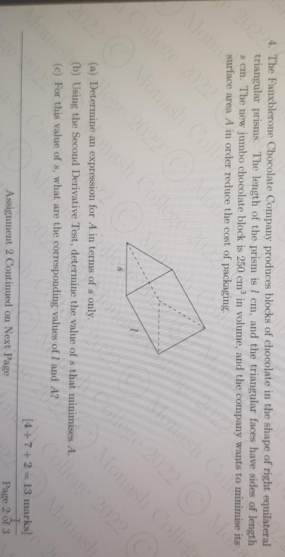 4 The Fauxblerone Chocolate Company Produces Blocks Of Chocolate In The Shape Of Right Equilateral Triangular Prisms T 1