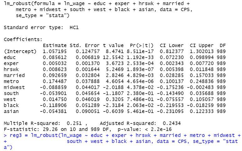 1m Robust Formula 1n Wage Educ Exper Hrswk Married Metro Midwest Southwest Black Asian Data Cps Se 1