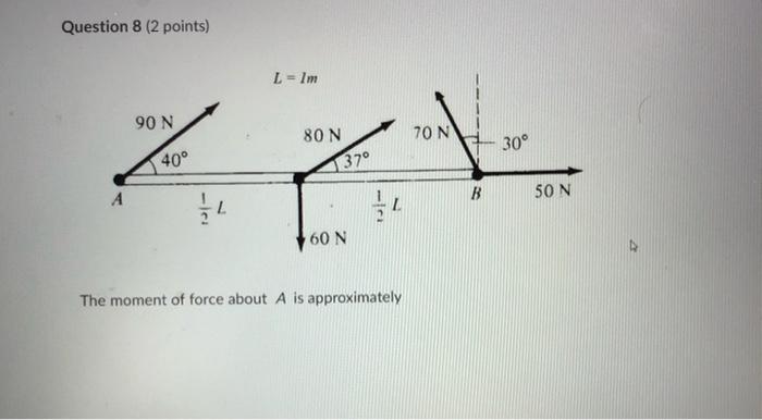 Question 8 2 Points 90 N L 1m 80 N 70 N 30 Zt 37 A B 24 L 60 N The Moment Of Force About A Is Approximately 40 50 N 1