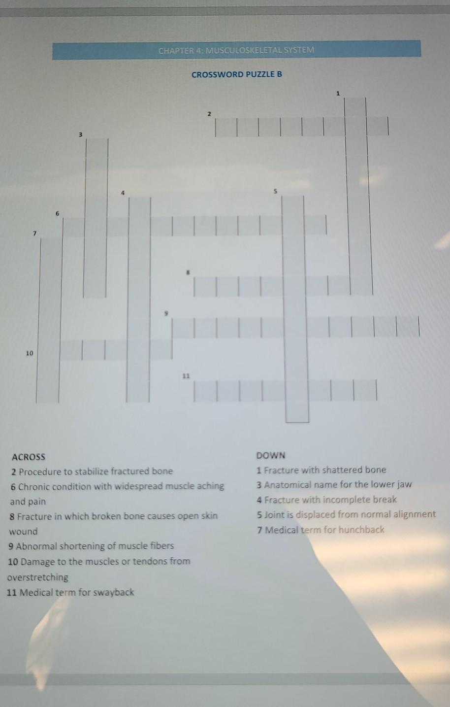 Chapter 4 Musculoskeletal System Crossword Puzzle B 2 He 10 11 Across 2 Procedure To Stabilize Fractured Bone 6 Chronic 1