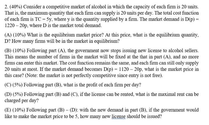 2 40 Consider A Competitive Market Of Alcohol In Which The Capacity Of Each Firm Is 20 Units That Is The Maximum Q 1