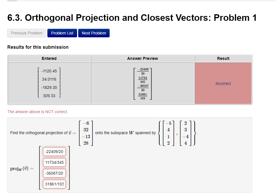 6 3 Orthogonal Projection And Closest Vectors Problem 1 Previous Problem Problem List Next Problem Results For This Su 1